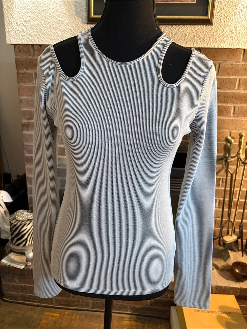 Zara Light Blue Ribbed Long-Sleeve Sweater with Shoulder Cutouts